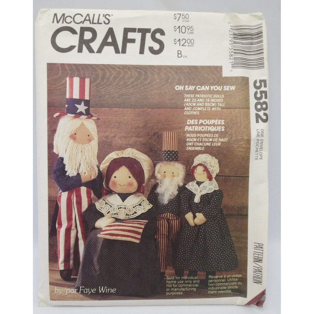McCall's Crafts 5582 Uncle Sam Betsey Ross Dolls 22" 16" Tall Patriotic 1991